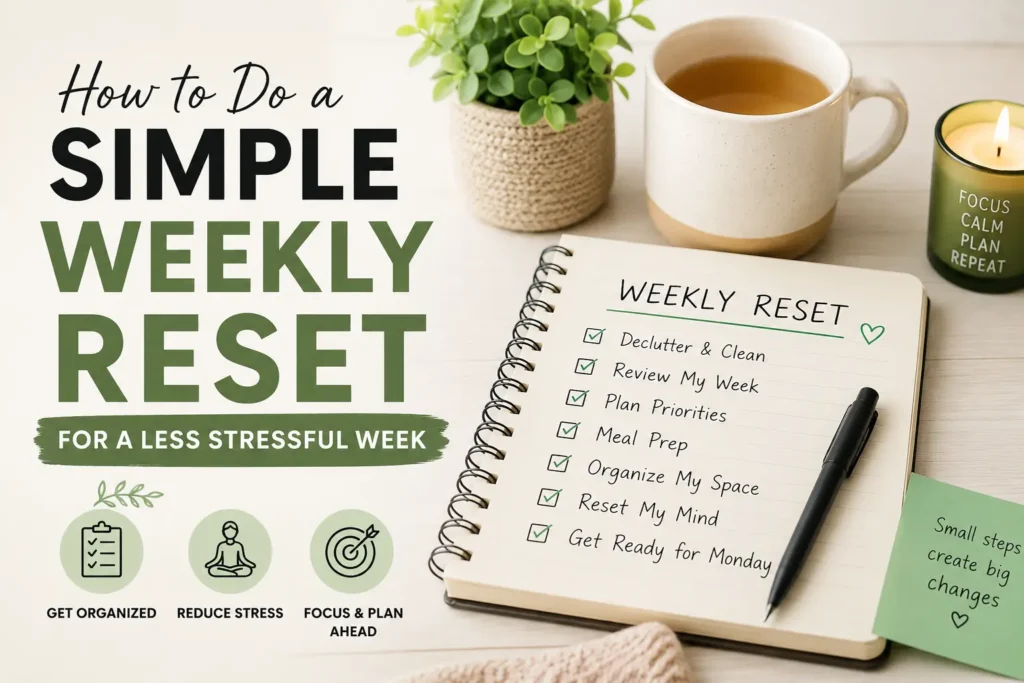 Person planning a simple weekly reset routine for a calm and organized week
