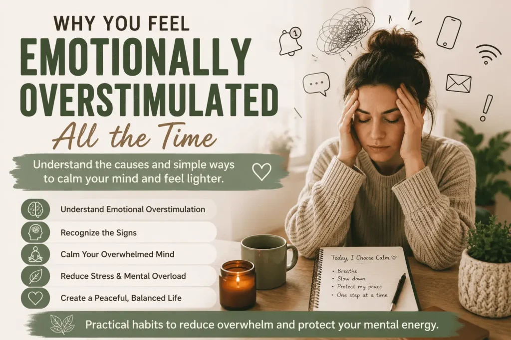 Calming mental wellness graphic showing emotional overwhelm, overstimulation, and simple ways to reduce mental overload and emotional exhaustion.