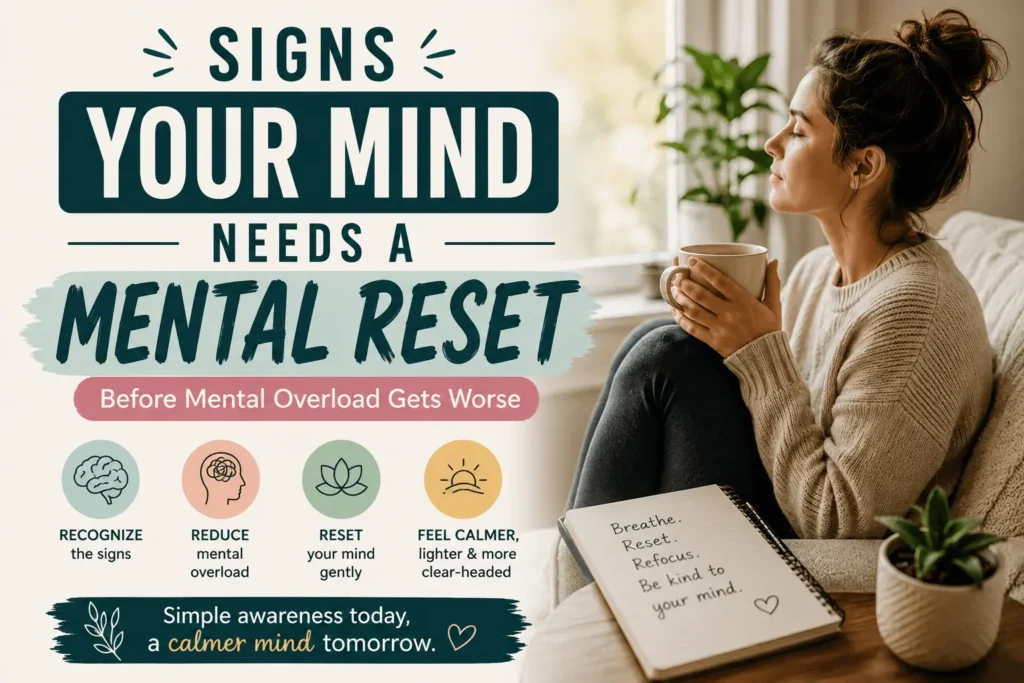 Person sitting quietly with a stressed expression beside calming text about signs your mind needs a mental reset and emotional recovery.