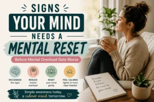 Person sitting quietly with a stressed expression beside calming text about signs your mind needs a mental reset and emotional recovery.