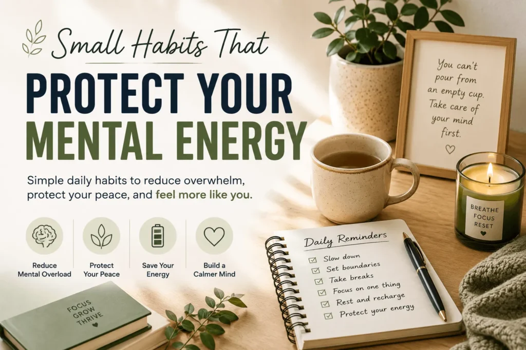 Calming mental wellness graphic showing peaceful daily habits that help reduce overwhelm, protect mental energy, and create a calmer, more balanced mind.