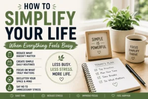 Simple workspace with a planner, coffee mug, and plant representing practical ways to simplify your life, reduce stress, stay organized, and focus on what matters most.