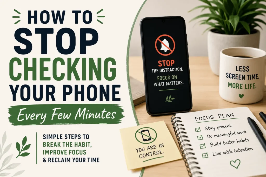 Person reducing smartphone distractions and learning how to stop checking their phone every few minutes using healthier digital habits, better focus techniques, and intentional screen time management.