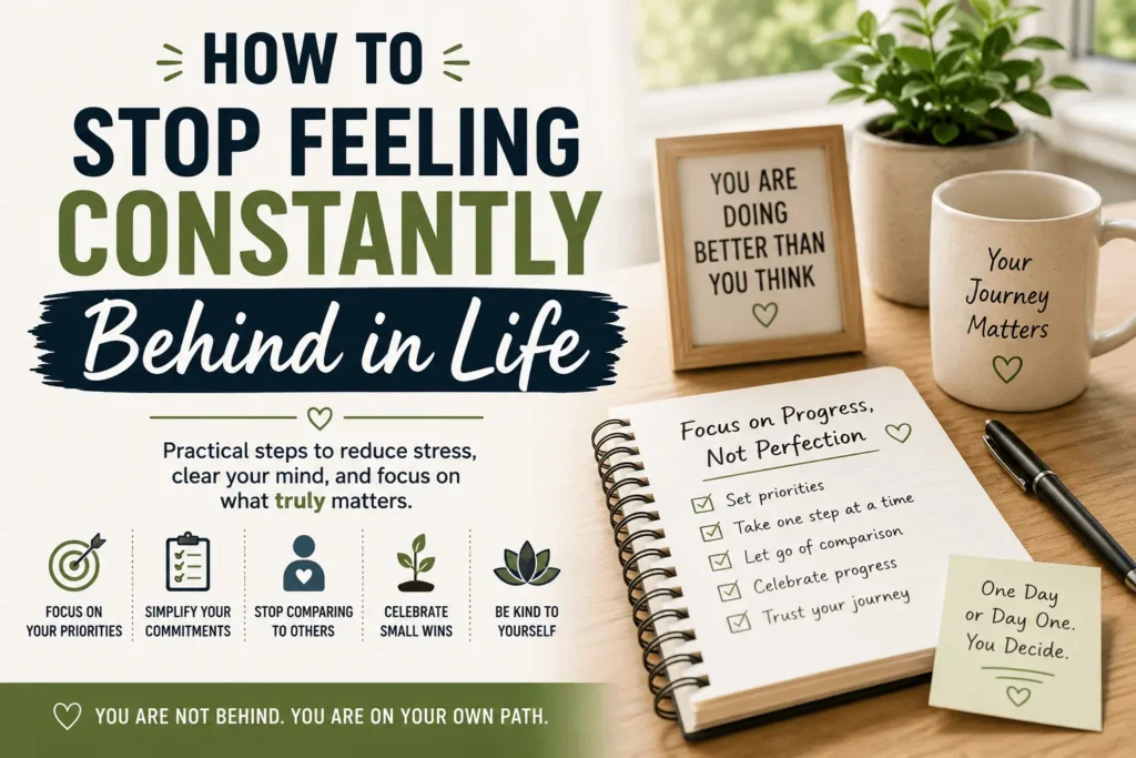 Person organizing priorities in a notebook with motivational reminders about progress, self-improvement, and reducing stress from feeling behind in life.