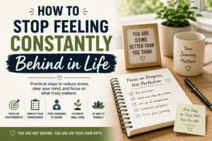 Person organizing priorities in a notebook with motivational reminders about progress, self-improvement, and reducing stress from feeling behind in life.