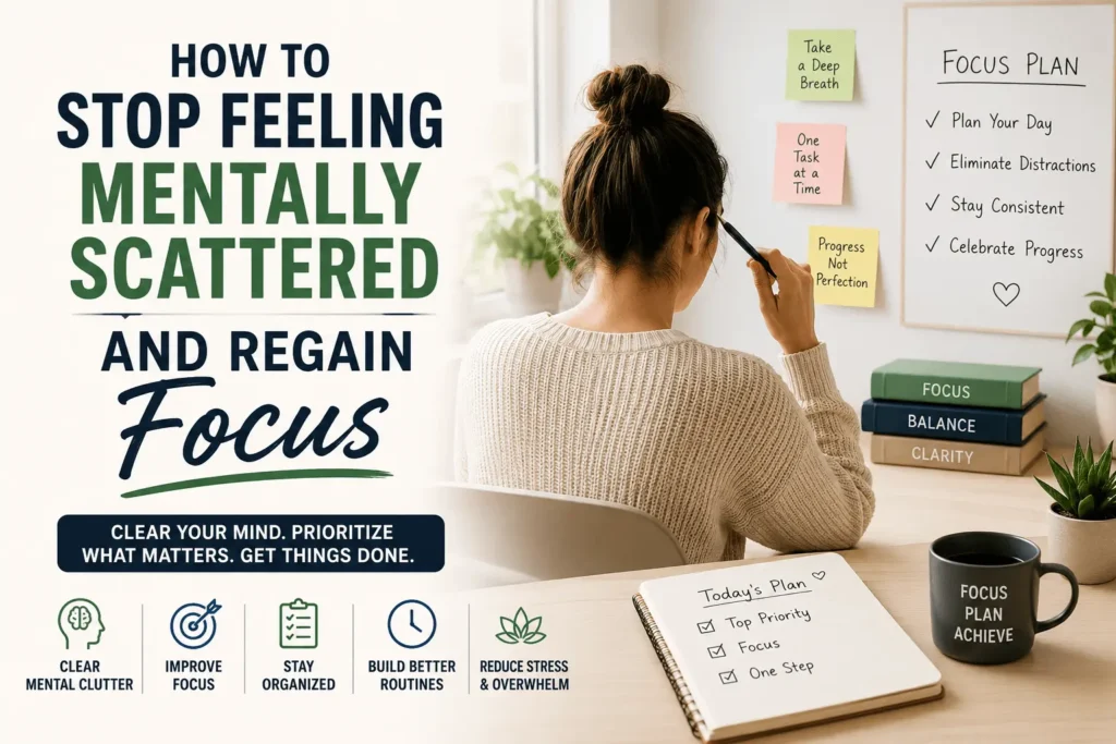 Person organizing thoughts and clearing mental clutter to regain focus and productivity