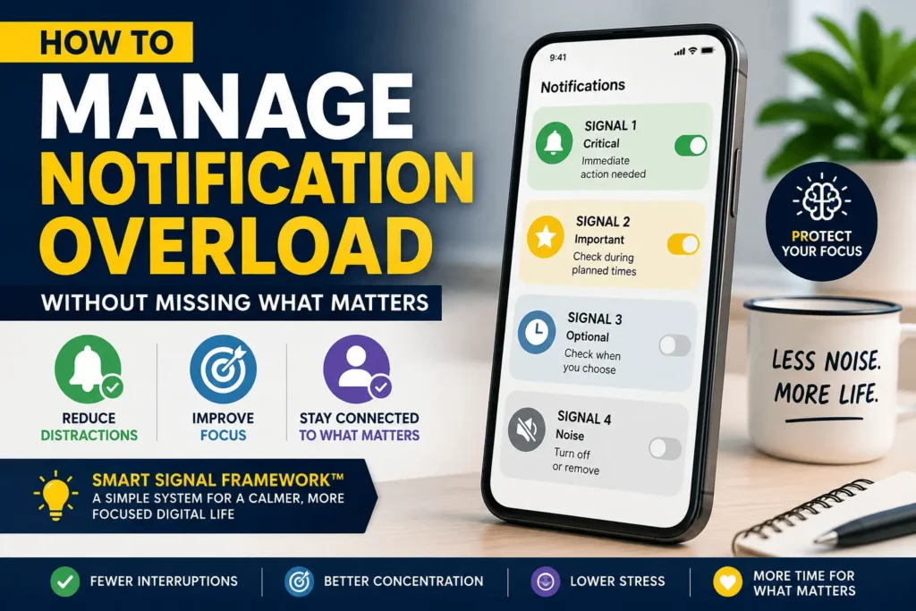 Illustration of a smartphone organizing notifications with the Smart Signal Framework to reduce notification overload and improve focus.