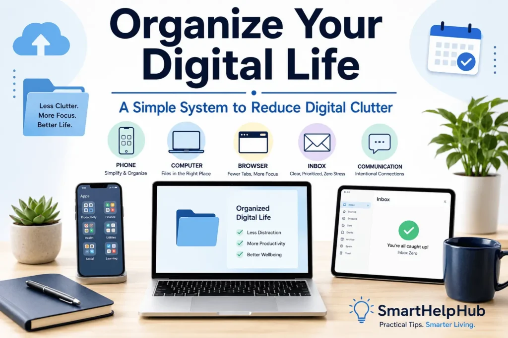 Organized digital workspace with a phone, laptop, browser, and inbox illustrating the Smart Digital Life System for reducing digital clutter.