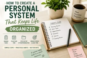 Personal organization system with planner, checklist, calendar, notebook, and daily planning tools for staying organized and managing responsibilities.