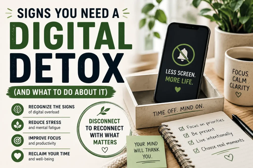 Person taking a digital detox by reducing screen time, turning off notifications, improving focus, and building healthier digital habits.