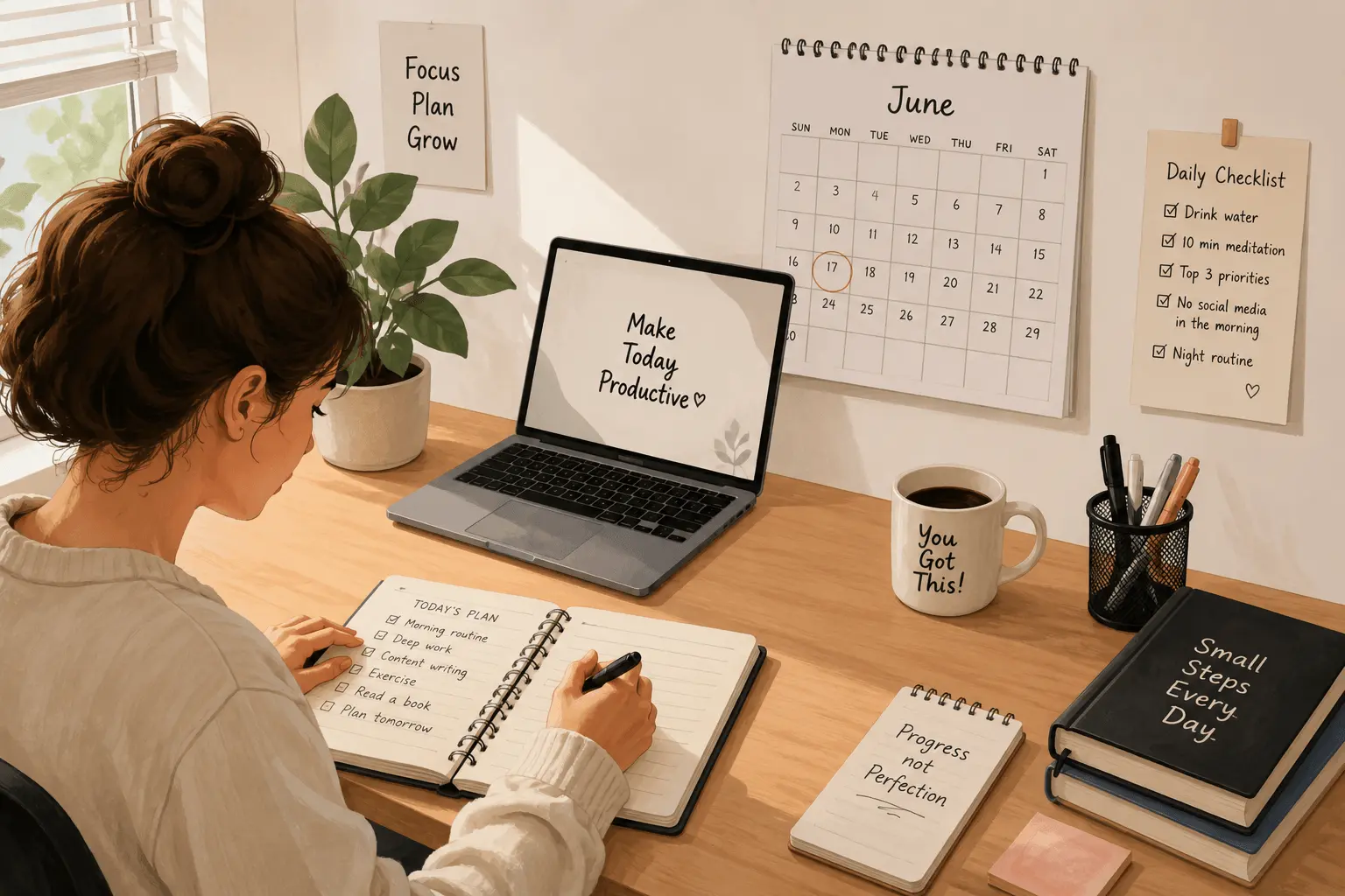 Person planning their day with a notebook, laptop, calendar, checklist, coffee mug, and plant in an organized workspace