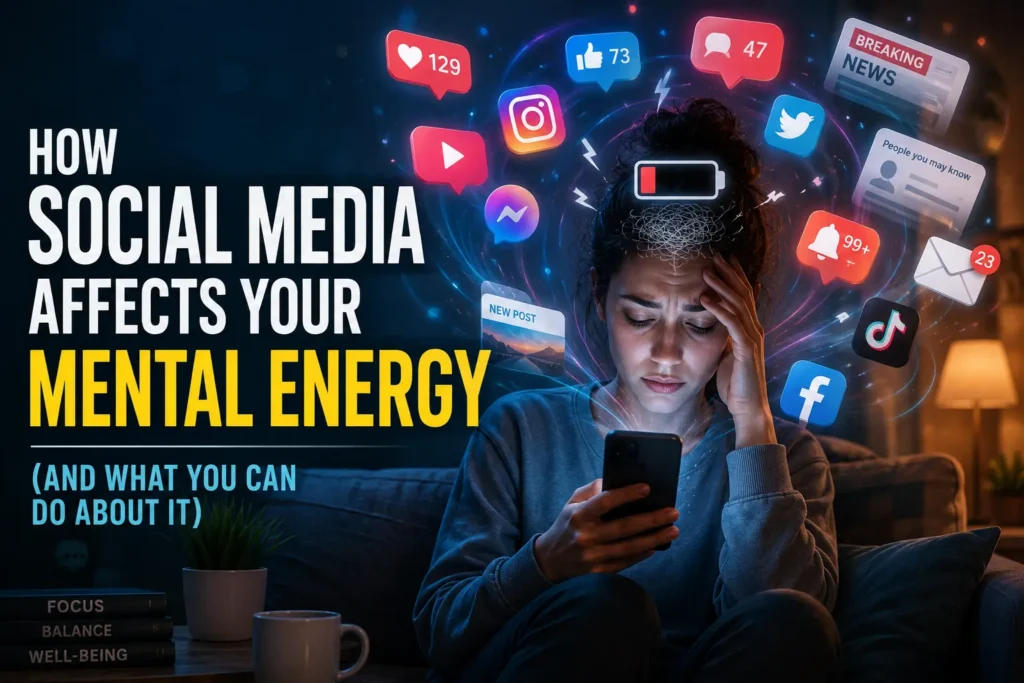 Person feeling mentally exhausted from social media notifications and excessive smartphone use.