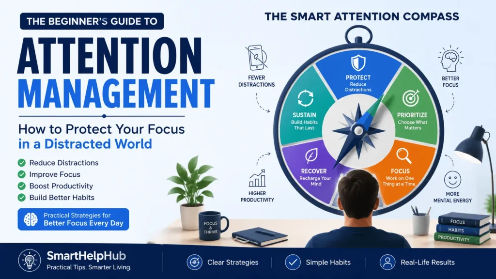 Modern illustration showing the Smart Attention Compass with five pillars—Protect, Prioritize, Focus, Recover, and Sustain—to help improve attention and concentration.