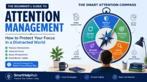 Modern illustration showing the Smart Attention Compass with five pillars—Protect, Prioritize, Focus, Recover, and Sustain—to help improve attention and concentration.