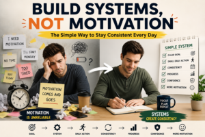 Person building simple daily systems instead of relying on motivation to stay consistent and achieve long-term goals.