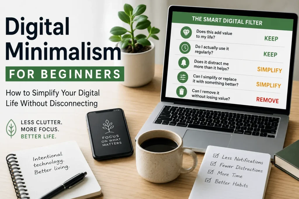 Clean workspace showing a laptop, smartphone, notebook, and coffee beside the Smart Digital Filter framework representing a simple and intentional digital lifestyle.