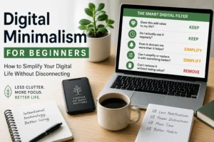 Clean workspace showing a laptop, smartphone, notebook, and coffee beside the Smart Digital Filter framework representing a simple and intentional digital lifestyle.