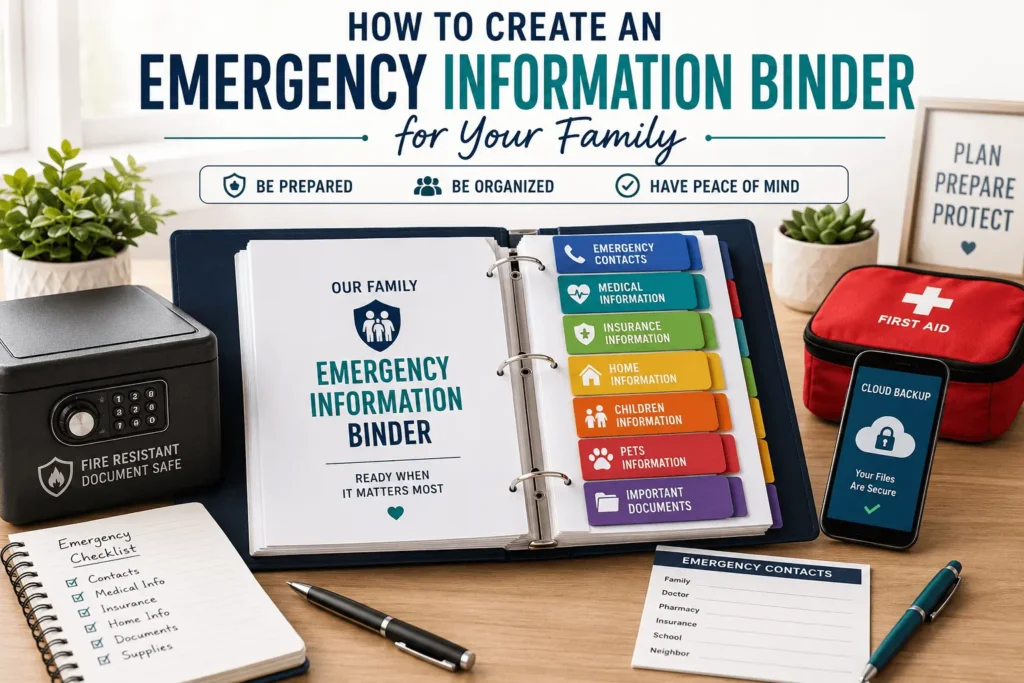 A family emergency information binder with labeled sections for emergency contacts, medical records, insurance information, household details, and important document copies.