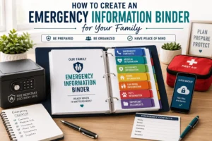 A family emergency information binder with labeled sections for emergency contacts, medical records, insurance information, household details, and important document copies.