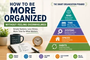 Illustration of the Smart Organization Pyramid showing five levels: Mind, Time, Systems, Spaces, and Habits for building a more organized life.