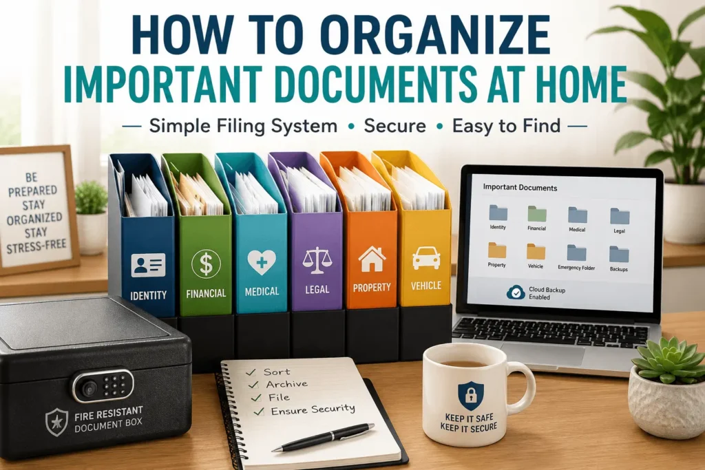 A neatly organized home filing system with labeled folders for important documents, including identity, financial, medical, legal, and property records.