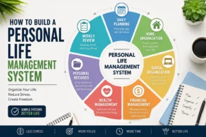 Person organizing daily life using a personal life management system with planner, calendar, digital files, and home organization.