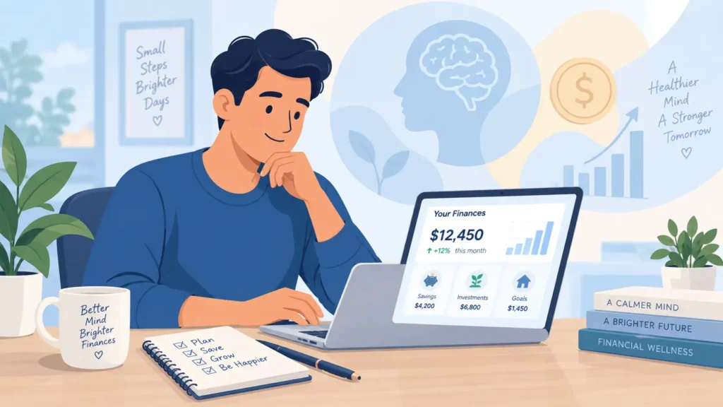 Person calmly reviewing finances on a laptop with financial wellness and mindful planning themes