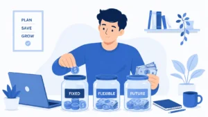Person sorting money into fixed, flexible, and future savings jars
