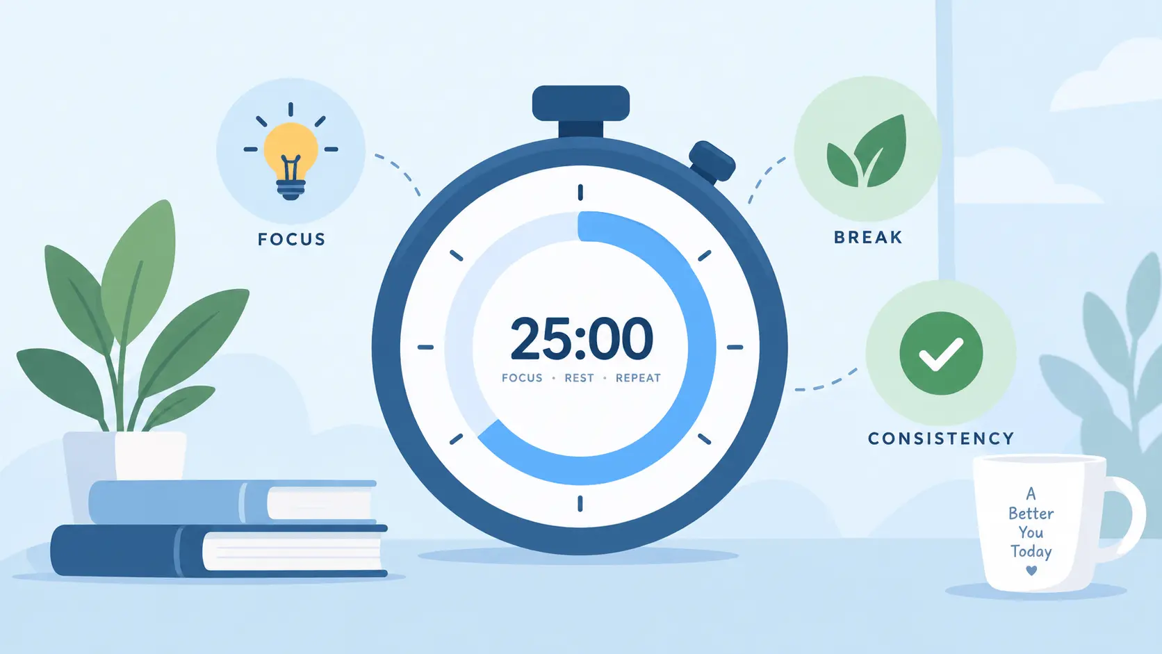 Large productivity timer showing 25 minutes with focus, break, and consistency icons