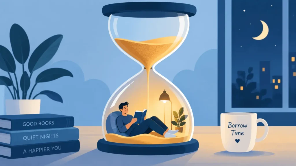 Person relaxing in bed with a tablet late at night beside a glowing bedside lamp and digital clock